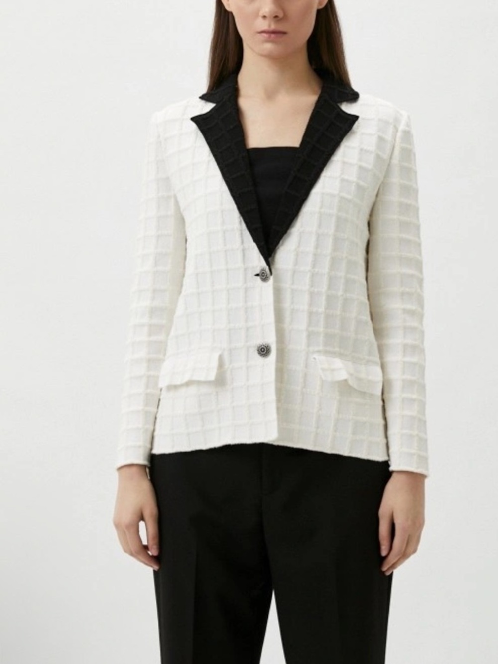 Falconeri Italian Knit Blazer Jacket Ivory Black Contrast Trim - L